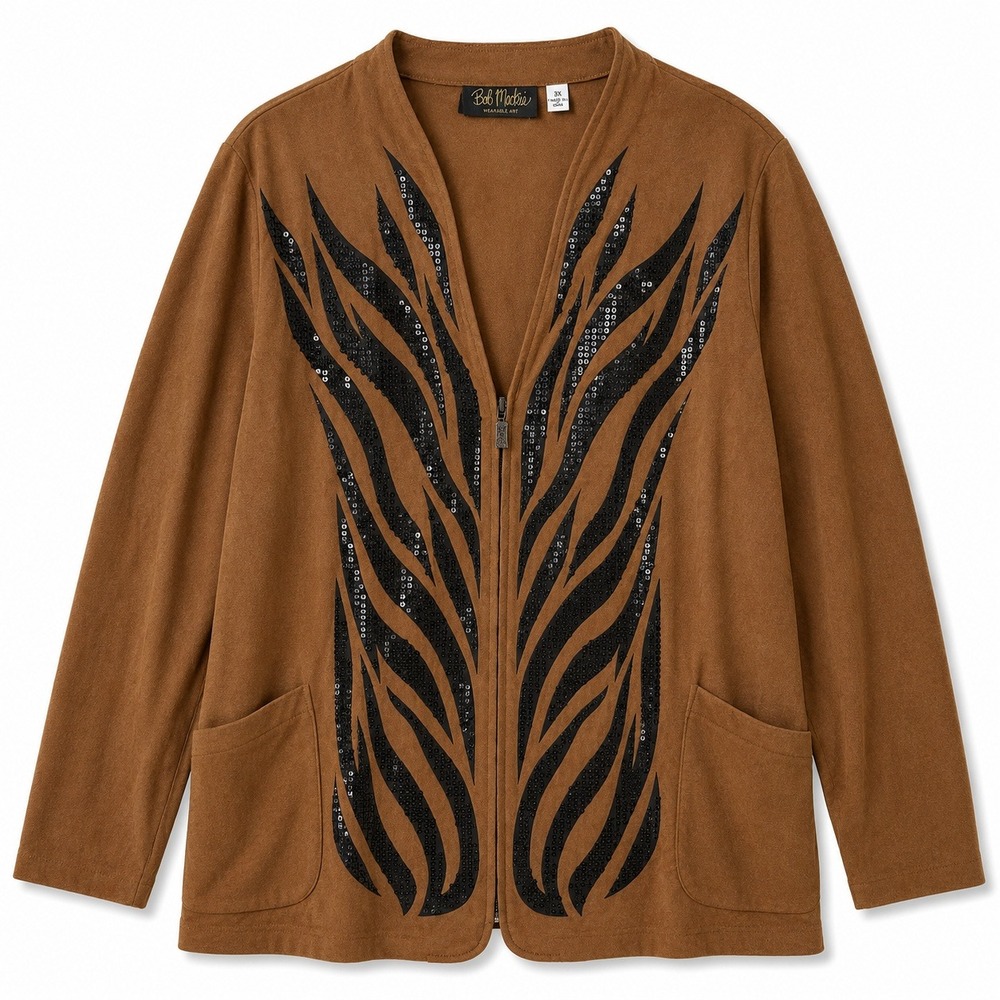 Vtg Bob Mackie Wearable Art Faux Suede‎ Sequin Zebra Flame Zip Jacket Brown 3X